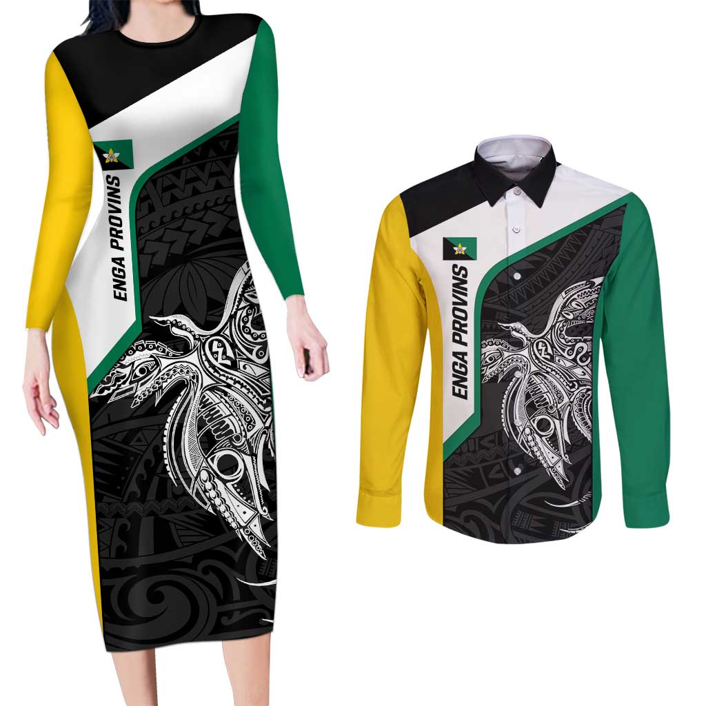 Personalised PNG Enga Province Couples Matching Long Sleeve Bodycon Dress and Long Sleeve Button Shirt Bird of Paradise Tattoo Flag Motif LT9 Green - Polynesian Pride