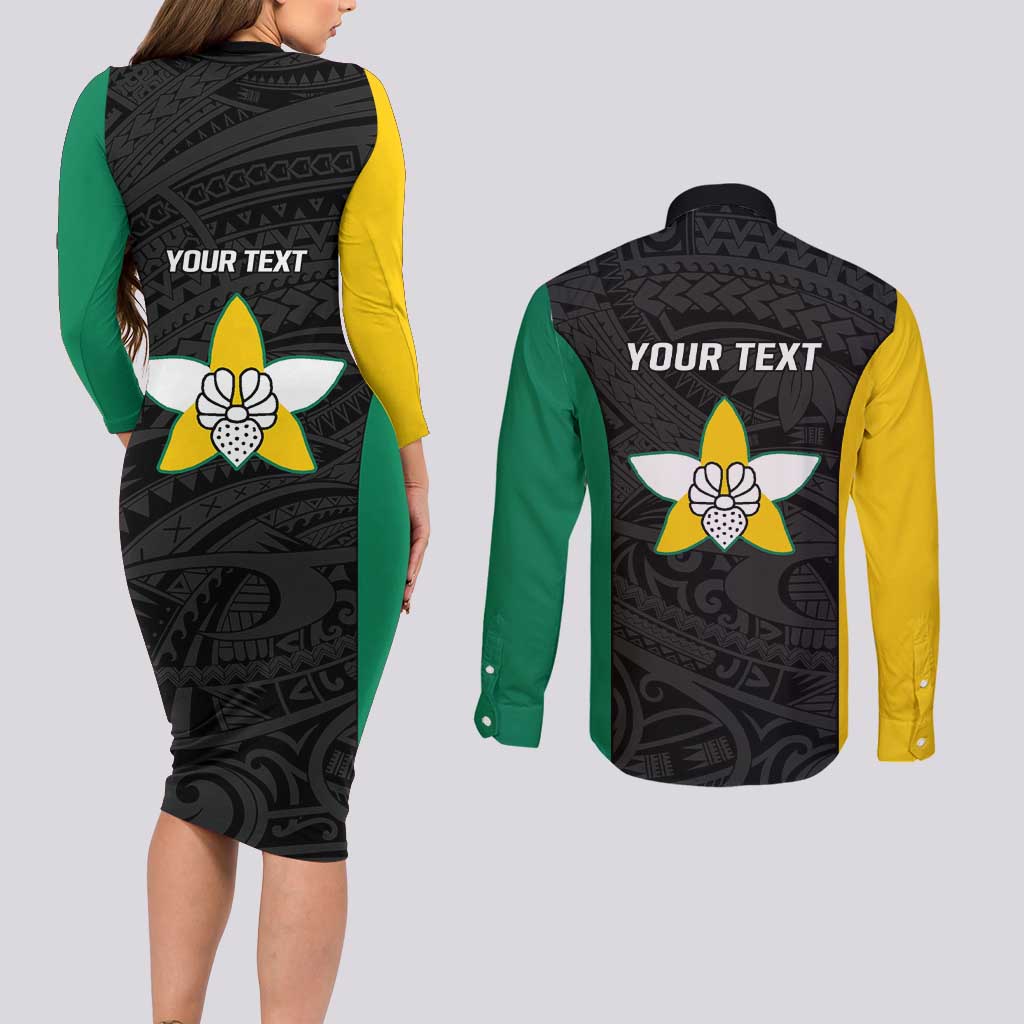 Personalised PNG Enga Province Couples Matching Long Sleeve Bodycon Dress and Long Sleeve Button Shirt Bird of Paradise Tattoo Flag Motif LT9 - Polynesian Pride