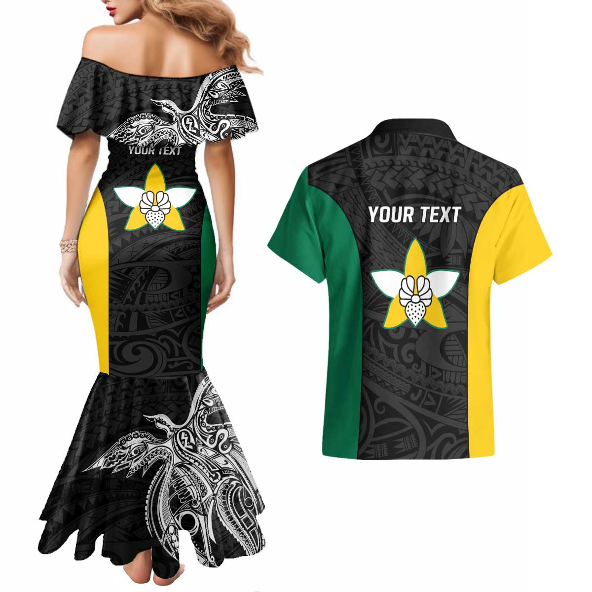 Personalised PNG Enga Province Couples Matching Mermaid Dress and Hawaiian Shirt Bird of Paradise Tattoo Flag Motif LT9 - Polynesian Pride