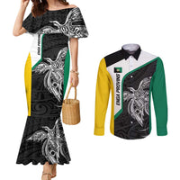 Personalised PNG Enga Province Couples Matching Mermaid Dress and Long Sleeve Button Shirt Bird of Paradise Tattoo Flag Motif LT9 Green - Polynesian Pride
