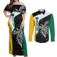 Personalised PNG Enga Province Couples Matching Off Shoulder Maxi Dress and Long Sleeve Button Shirt Bird of Paradise Tattoo Flag Motif LT9 Green - Polynesian Pride