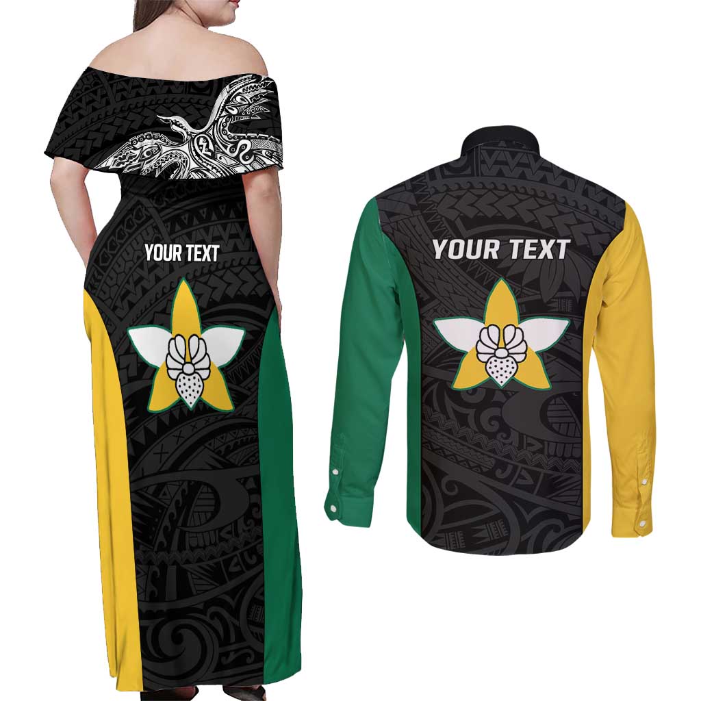 Personalised PNG Enga Province Couples Matching Off Shoulder Maxi Dress and Long Sleeve Button Shirt Bird of Paradise Tattoo Flag Motif LT9 - Polynesian Pride