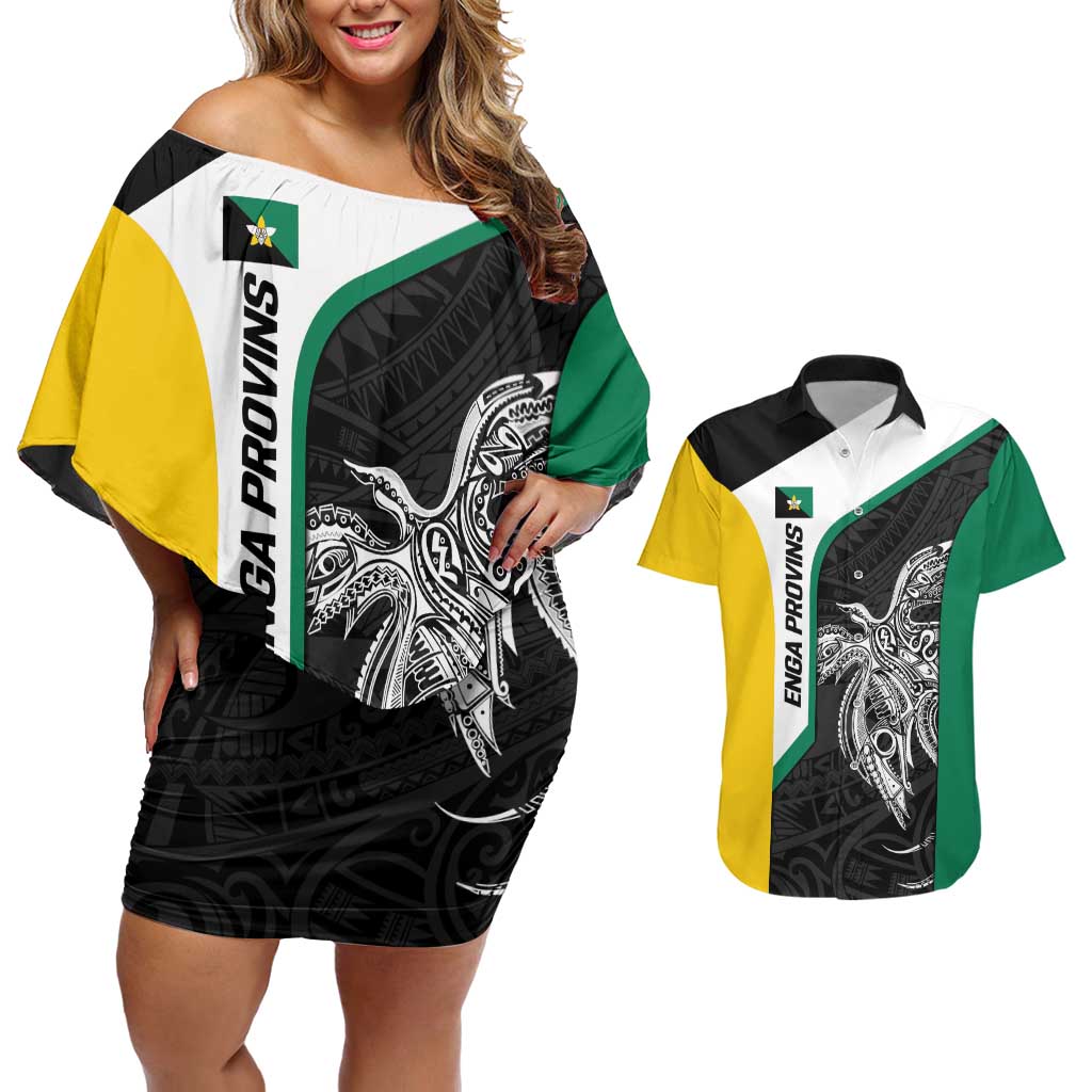Personalised PNG Enga Province Couples Matching Off Shoulder Short Dress and Hawaiian Shirt Bird of Paradise Tattoo Flag Motif LT9 Green - Polynesian Pride
