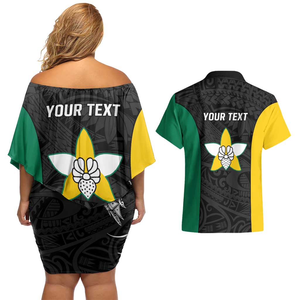 Personalised PNG Enga Province Couples Matching Off Shoulder Short Dress and Hawaiian Shirt Bird of Paradise Tattoo Flag Motif LT9 - Polynesian Pride