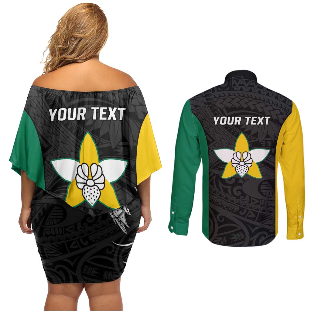 Personalised PNG Enga Province Couples Matching Off Shoulder Short Dress and Long Sleeve Button Shirt Bird of Paradise Tattoo Flag Motif LT9 - Polynesian Pride