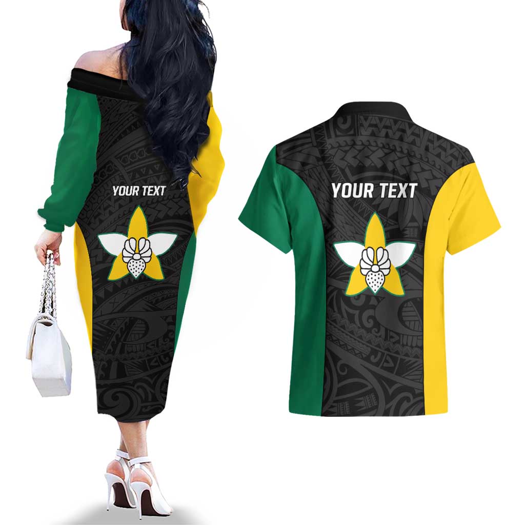 Personalised PNG Enga Province Couples Matching Off The Shoulder Long Sleeve Dress and Hawaiian Shirt Bird of Paradise Tattoo Flag Motif LT9 - Polynesian Pride