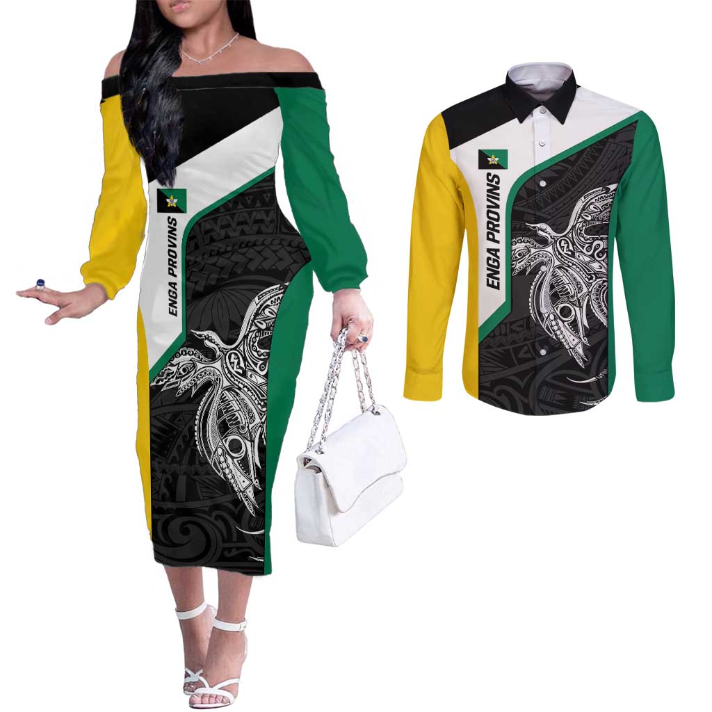 Personalised PNG Enga Province Couples Matching Off The Shoulder Long Sleeve Dress and Long Sleeve Button Shirt Bird of Paradise Tattoo Flag Motif LT9 Green - Polynesian Pride