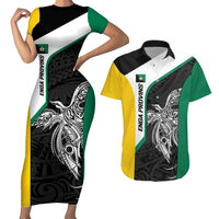 Personalised PNG Enga Province Couples Matching Short Sleeve Bodycon Dress and Hawaiian Shirt Bird of Paradise Tattoo Flag Motif LT9 Green - Polynesian Pride