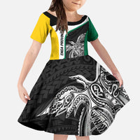 Personalised PNG Enga Province Family Matching Off The Shoulder Long Sleeve Dress and Hawaiian Shirt Bird of Paradise Tattoo Flag Motif LT9 Daughter's Dress Green - Polynesian Pride