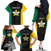 Personalised PNG Enga Province Family Matching Off The Shoulder Long Sleeve Dress and Hawaiian Shirt Bird of Paradise Tattoo Flag Motif LT9 - Polynesian Pride