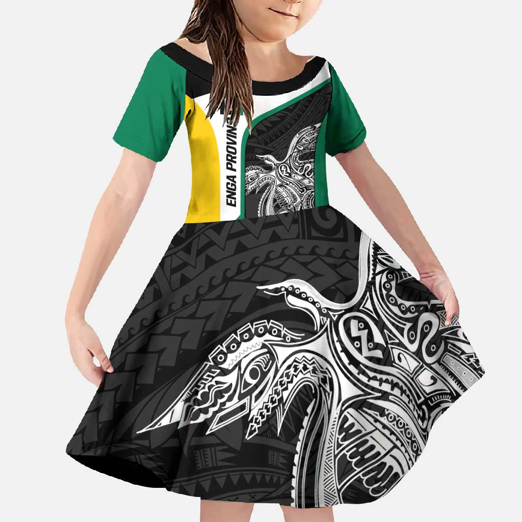 Personalised PNG Enga Province Family Matching Off Shoulder Maxi Dress and Hawaiian Shirt Bird of Paradise Tattoo Flag Motif LT9 Daughter's Dress Green - Polynesian Pride