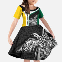 Personalised PNG Enga Province Family Matching Puletasi and Hawaiian Shirt Bird of Paradise Tattoo Flag Motif LT9 Daughter's Dress Green - Polynesian Pride