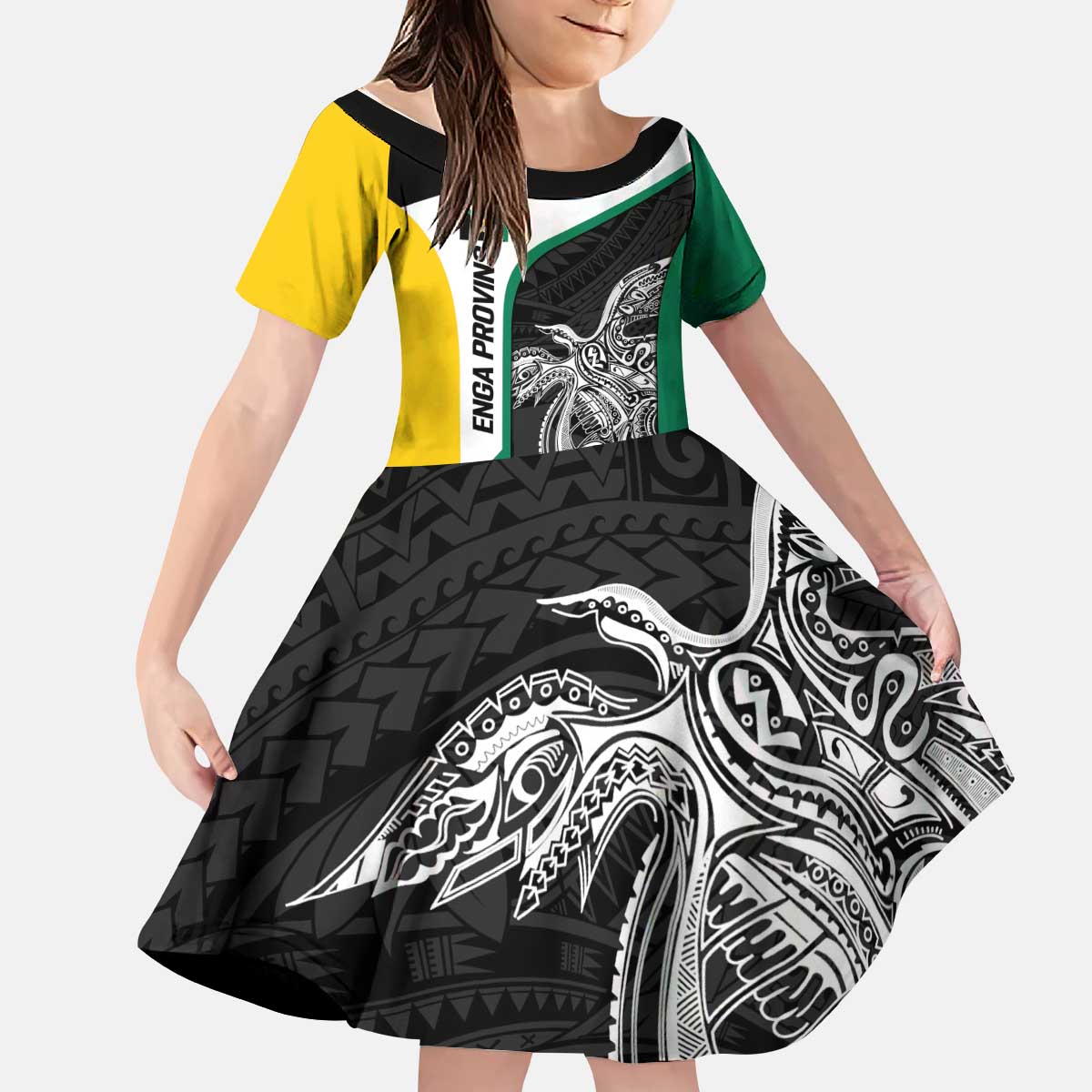 Personalised PNG Enga Province Kid Short Sleeve Dress Bird of Paradise Tattoo Flag Motif LT9 KID Green - Polynesian Pride