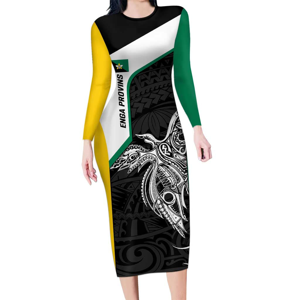 Personalised PNG Enga Province Long Sleeve Bodycon Dress Bird of Paradise Tattoo Flag Motif LT9 Long Dress Green - Polynesian Pride