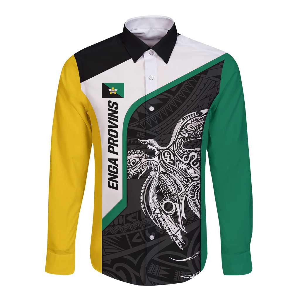Personalised PNG Enga Province Long Sleeve Button Shirt Bird of Paradise Tattoo Flag Motif LT9 Unisex Green - Polynesian Pride