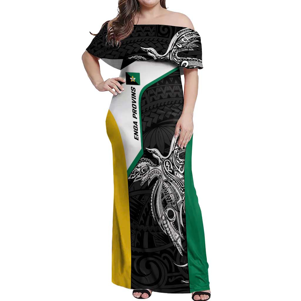 Personalised PNG Enga Province Off Shoulder Maxi Dress Bird of Paradise Tattoo Flag Motif LT9 Women Green - Polynesian Pride