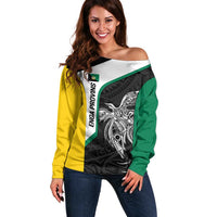 Personalised PNG Enga Province Off Shoulder Sweater Bird of Paradise Tattoo Flag Motif LT9 Women Green - Polynesian Pride