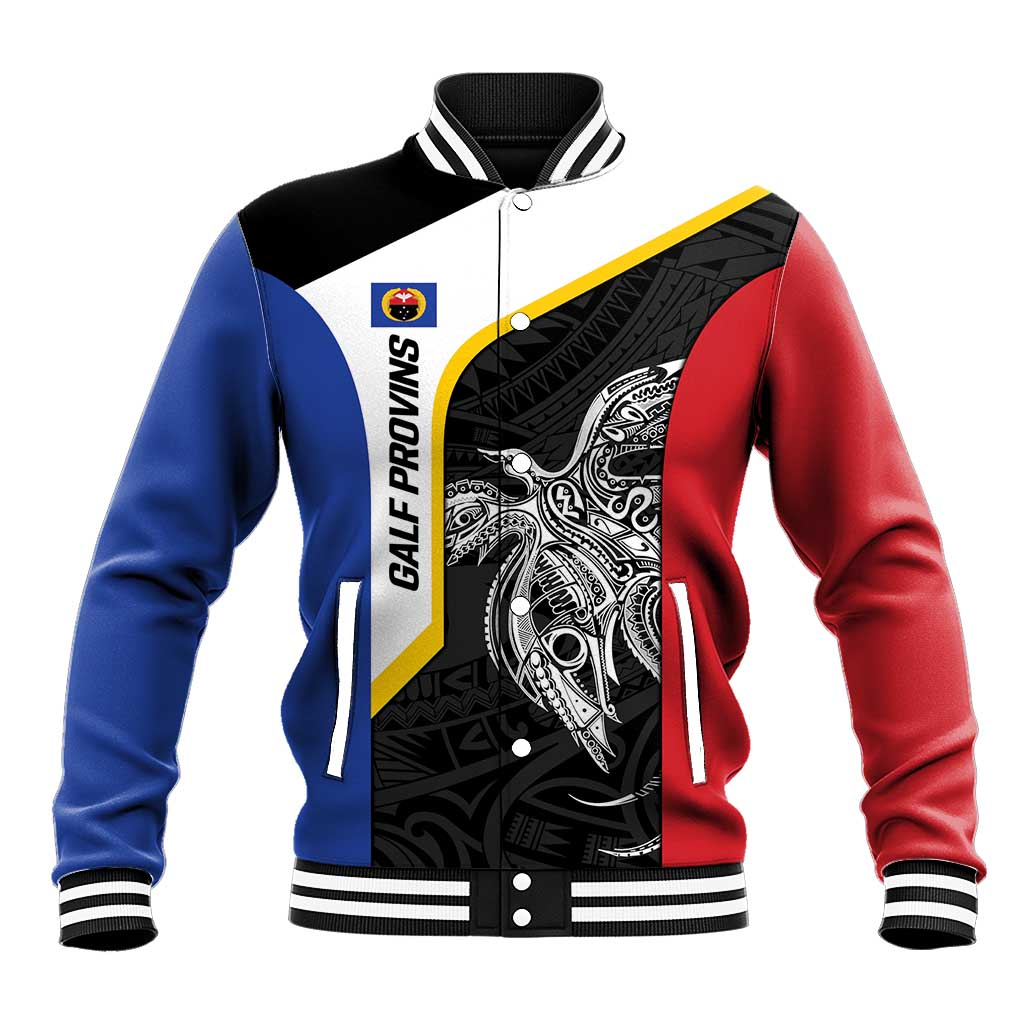 Personalised PNG Gulf Province Baseball Jacket Bird of Paradise Tattoo Flag Motif LT9 Unisex Black - Polynesian Pride