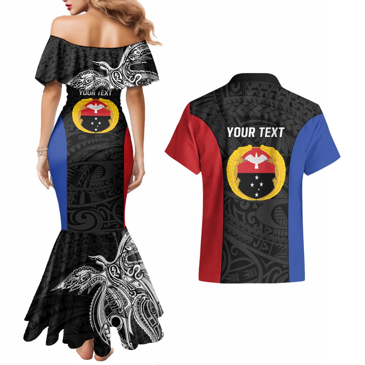 Personalised PNG Gulf Province Couples Matching Mermaid Dress and Hawaiian Shirt Bird of Paradise Tattoo Flag Motif LT9 - Polynesian Pride