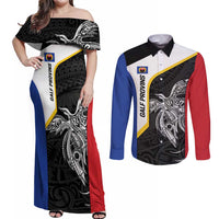 Personalised PNG Gulf Province Couples Matching Off Shoulder Maxi Dress and Long Sleeve Button Shirt Bird of Paradise Tattoo Flag Motif LT9 Black - Polynesian Pride