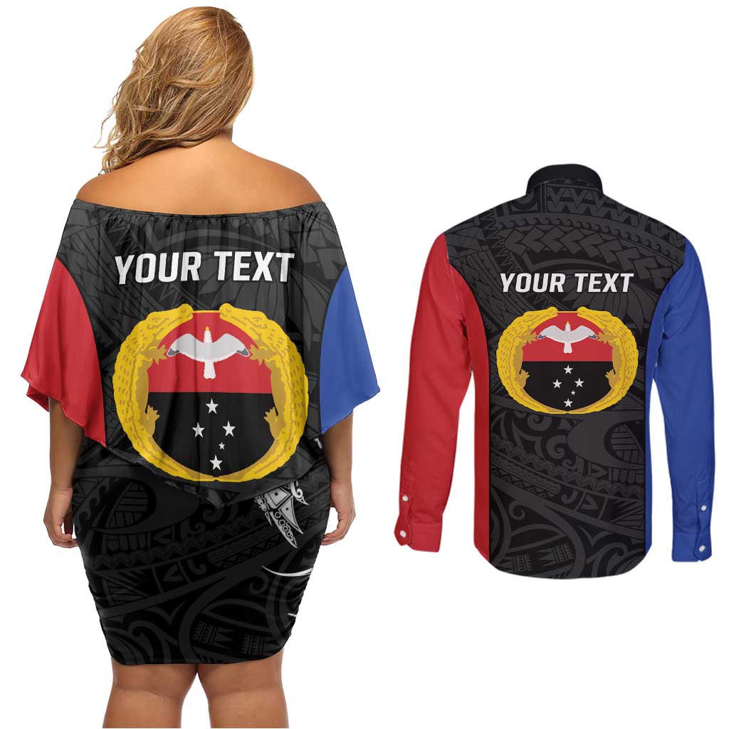 Personalised PNG Gulf Province Couples Matching Off Shoulder Short Dress and Long Sleeve Button Shirt Bird of Paradise Tattoo Flag Motif LT9 - Polynesian Pride