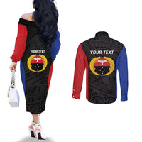 Personalised PNG Gulf Province Couples Matching Off The Shoulder Long Sleeve Dress and Long Sleeve Button Shirt Bird of Paradise Tattoo Flag Motif LT9 - Polynesian Pride