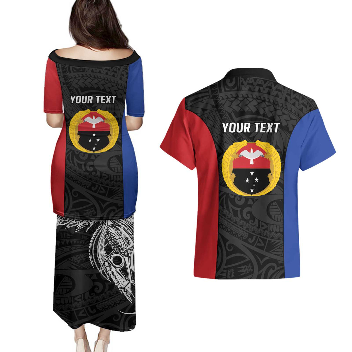 Personalised PNG Gulf Province Couples Matching Puletasi and Hawaiian Shirt Bird of Paradise Tattoo Flag Motif LT9 - Polynesian Pride