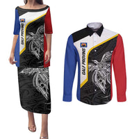 Personalised PNG Gulf Province Couples Matching Puletasi and Long Sleeve Button Shirt Bird of Paradise Tattoo Flag Motif LT9 Black - Polynesian Pride