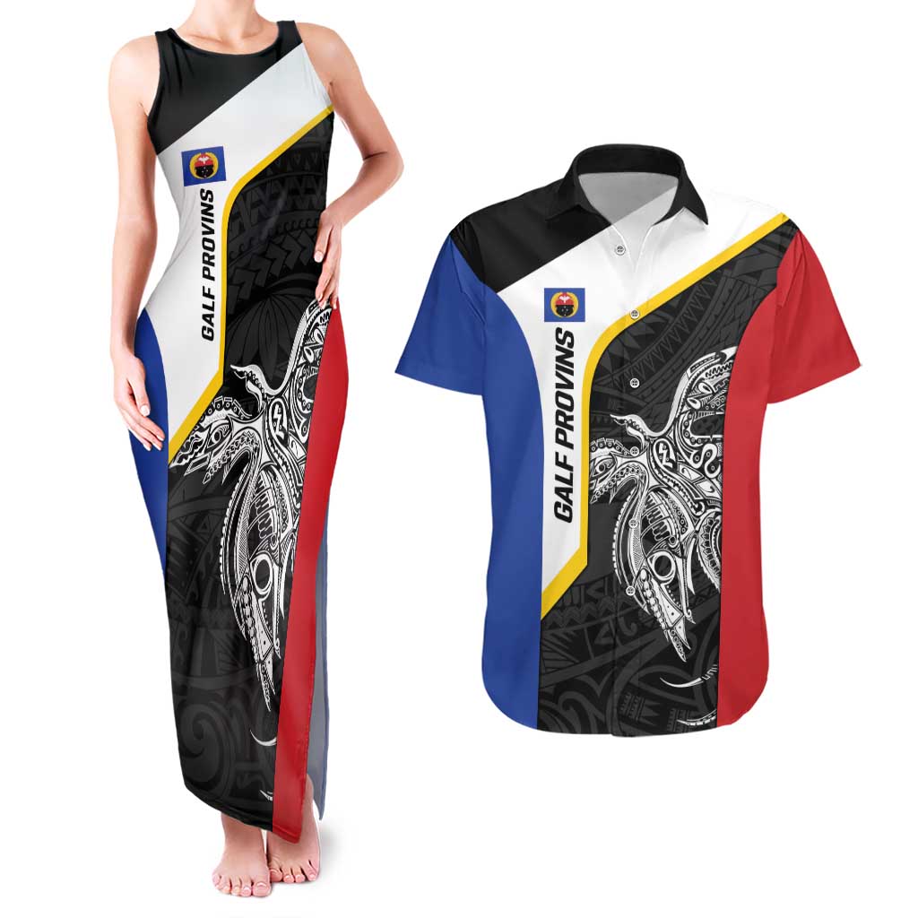 Personalised PNG Gulf Province Couples Matching Tank Maxi Dress and Hawaiian Shirt Bird of Paradise Tattoo Flag Motif - Polynesian Pride