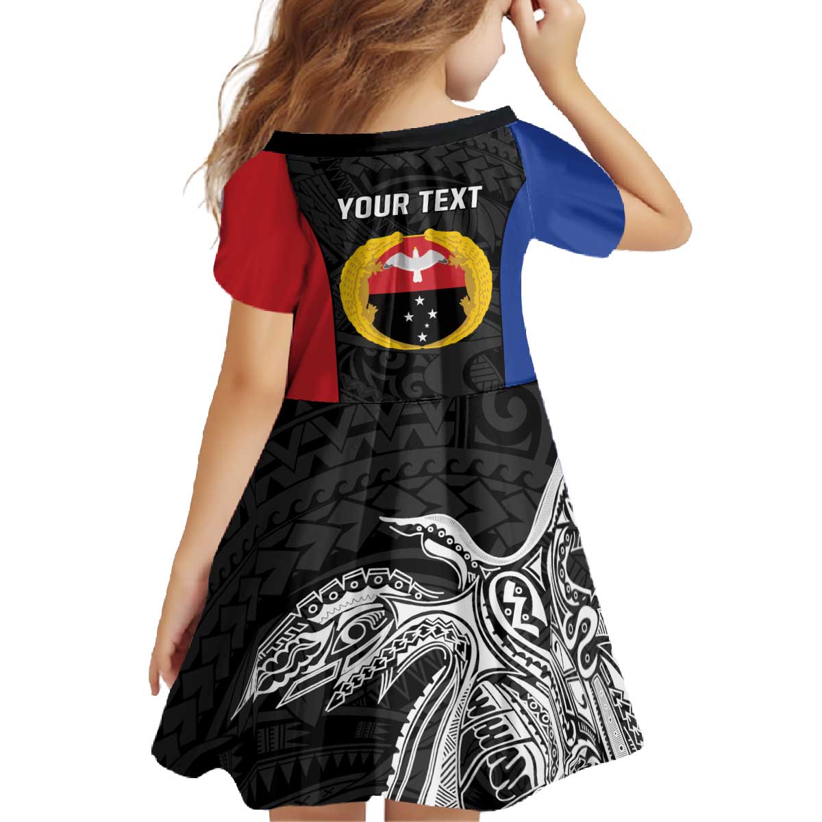 Personalised PNG Gulf Province Family Matching Off The Shoulder Long Sleeve Dress and Hawaiian Shirt Bird of Paradise Tattoo Flag Motif LT9 - Polynesian Pride