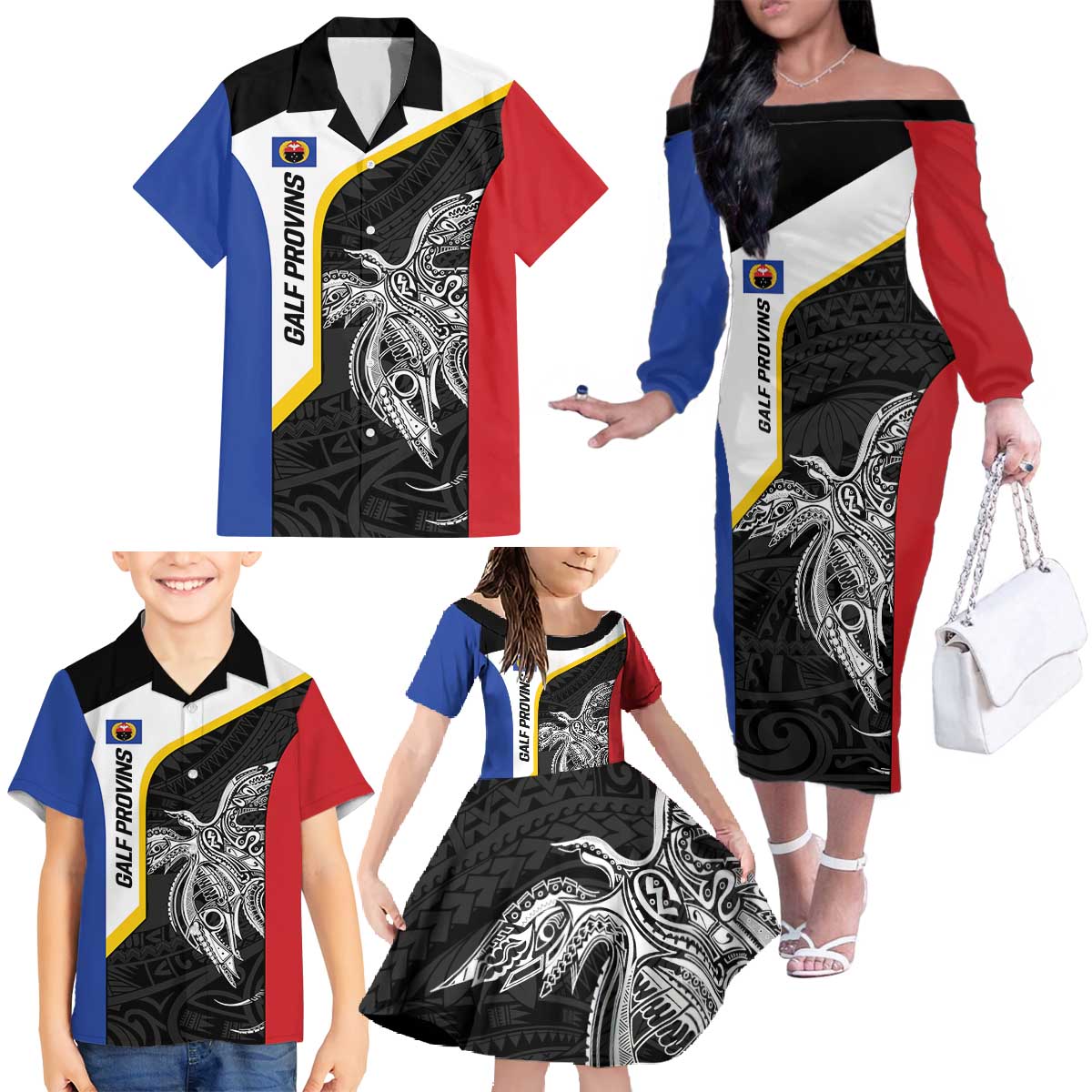 Personalised PNG Gulf Province Family Matching Off The Shoulder Long Sleeve Dress and Hawaiian Shirt Bird of Paradise Tattoo Flag Motif LT9 - Polynesian Pride