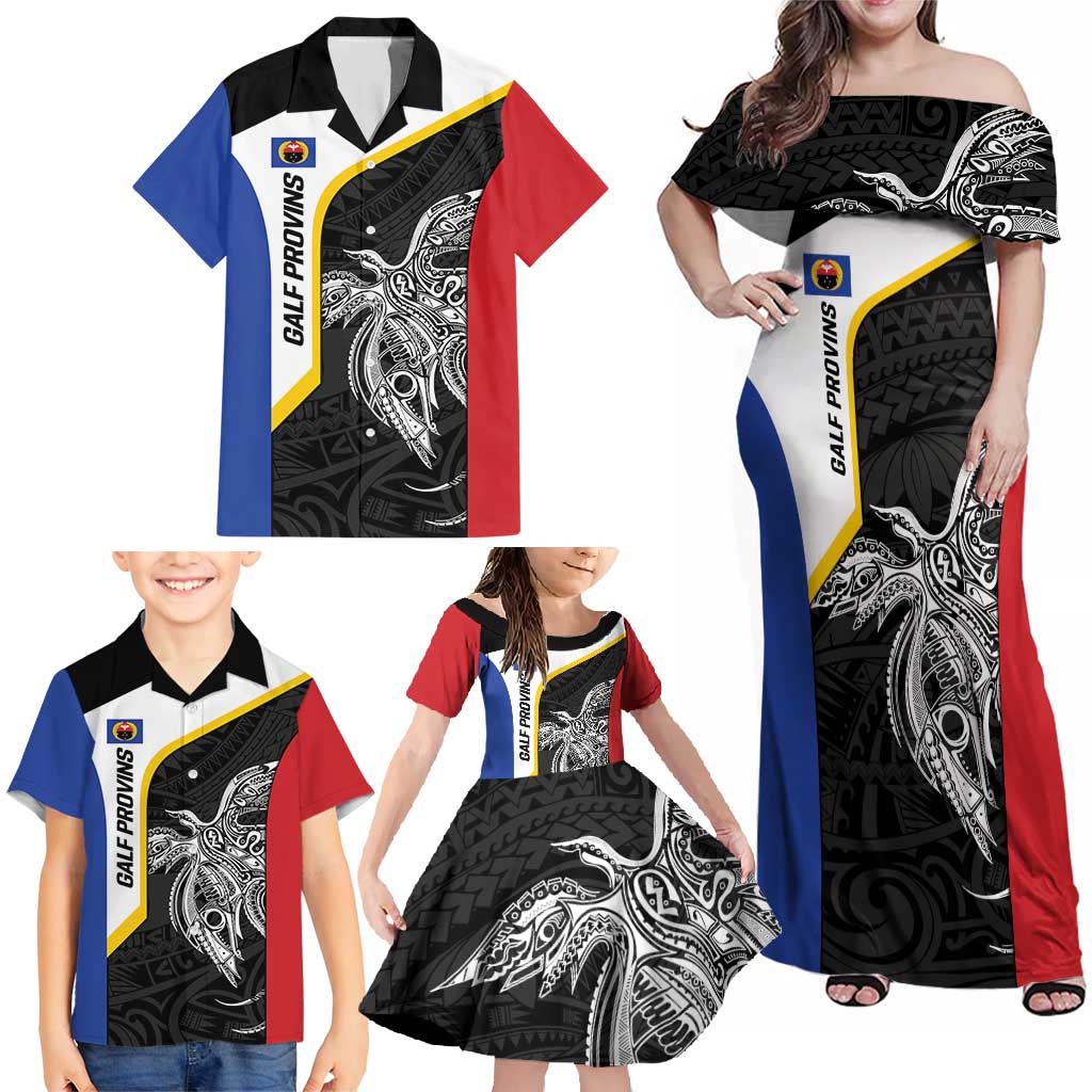 Personalised PNG Gulf Province Family Matching Off Shoulder Maxi Dress and Hawaiian Shirt Bird of Paradise Tattoo Flag Motif LT9 - Polynesian Pride