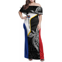 Personalised PNG Gulf Province Family Matching Off Shoulder Maxi Dress and Hawaiian Shirt Bird of Paradise Tattoo Flag Motif LT9 Mom's Dress Black - Polynesian Pride