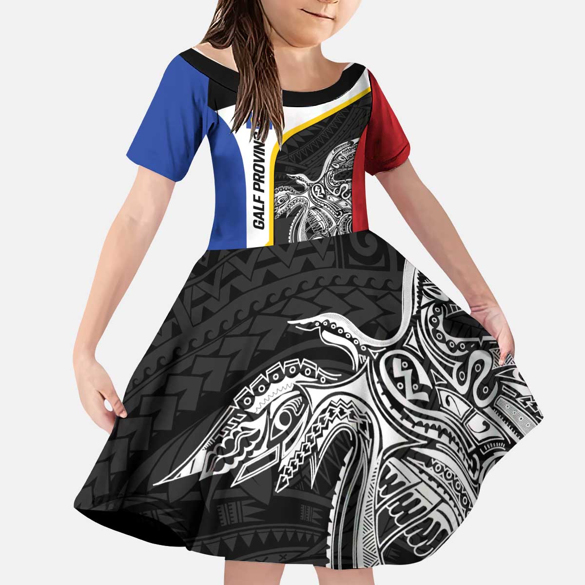 Personalised PNG Gulf Province Kid Short Sleeve Dress Bird of Paradise Tattoo Flag Motif LT9 KID Black - Polynesian Pride