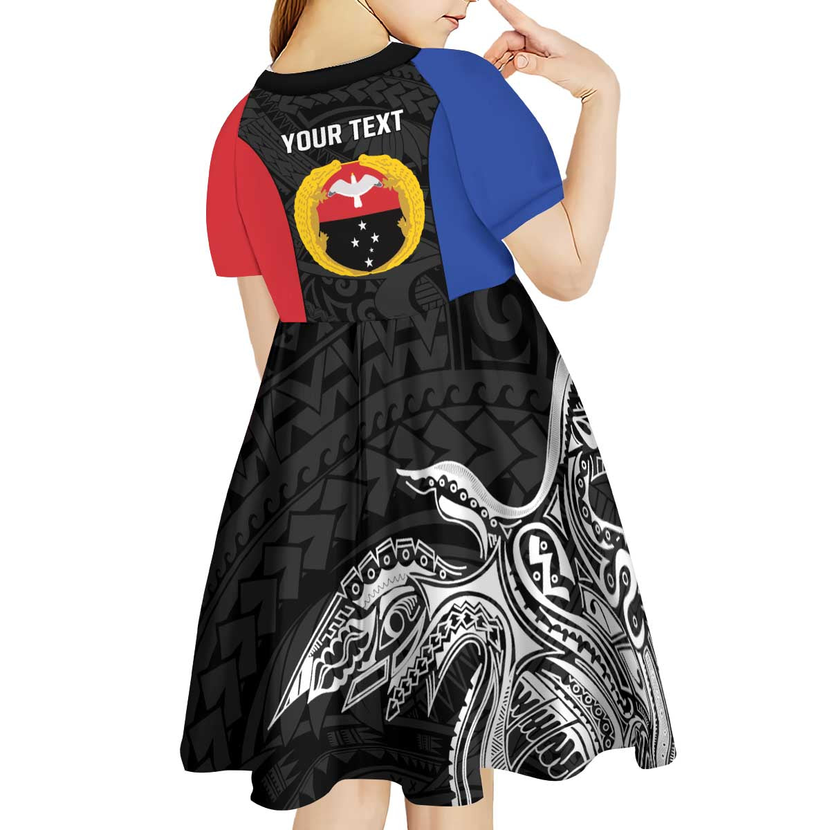 Personalised PNG Gulf Province Kid Short Sleeve Dress Bird of Paradise Tattoo Flag Motif LT9 - Polynesian Pride