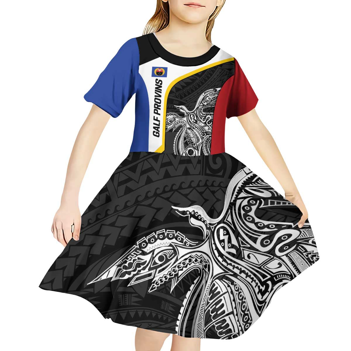 Personalised PNG Gulf Province Kid Short Sleeve Dress Bird of Paradise Tattoo Flag Motif LT9 - Polynesian Pride