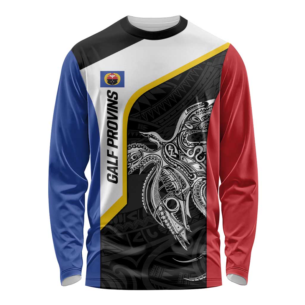 Personalised PNG Gulf Province Long Sleeve Shirt Bird of Paradise Tattoo Flag Motif LT9 Unisex Black - Polynesian Pride