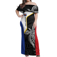 Personalised PNG Gulf Province Off Shoulder Maxi Dress Bird of Paradise Tattoo Flag Motif LT9 Women Black - Polynesian Pride