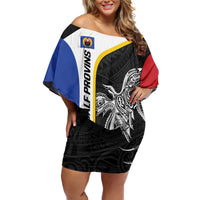Personalised PNG Gulf Province Off Shoulder Short Dress Bird of Paradise Tattoo Flag Motif LT9 Women Black - Polynesian Pride