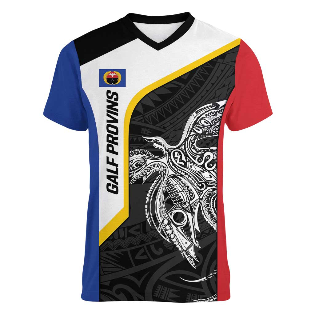 Personalised PNG Gulf Province Women V-Neck T-Shirt Bird of Paradise Tattoo Flag Motif LT9 Female Black - Polynesian Pride