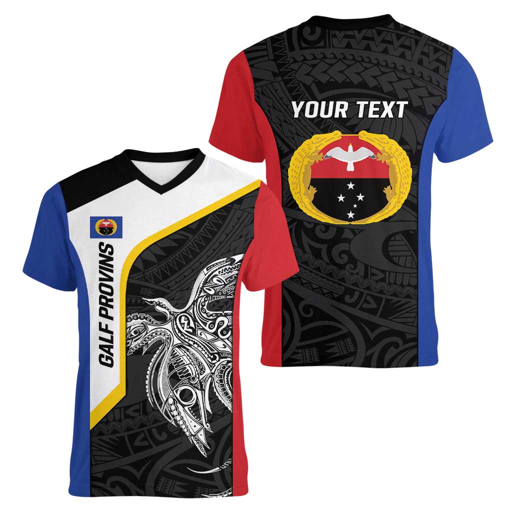 Personalised PNG Gulf Province Women V-Neck T-Shirt Bird of Paradise Tattoo Flag Motif LT9 - Polynesian Pride