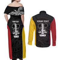 Personalised PNG Madang Province Couples Matching Off Shoulder Maxi Dress and Long Sleeve Button Shirt Bird of Paradise Tattoo Flag Motif LT9 - Polynesian Pride