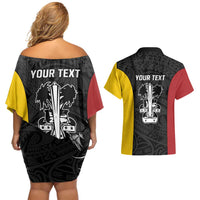 Personalised PNG Madang Province Couples Matching Off Shoulder Short Dress and Hawaiian Shirt Bird of Paradise Tattoo Flag Motif LT9 - Polynesian Pride