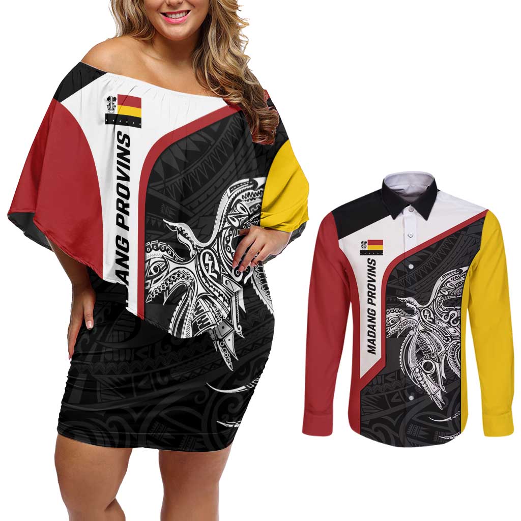 Personalised PNG Madang Province Couples Matching Off Shoulder Short Dress and Long Sleeve Button Shirt Bird of Paradise Tattoo Flag Motif LT9 Yellow - Polynesian Pride