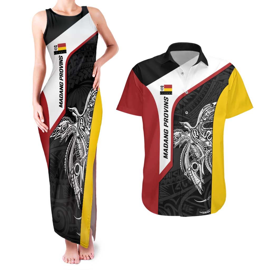 Personalised PNG Madang Province Couples Matching Tank Maxi Dress and Hawaiian Shirt Bird of Paradise Tattoo Flag Motif LT9 Yellow - Polynesian Pride