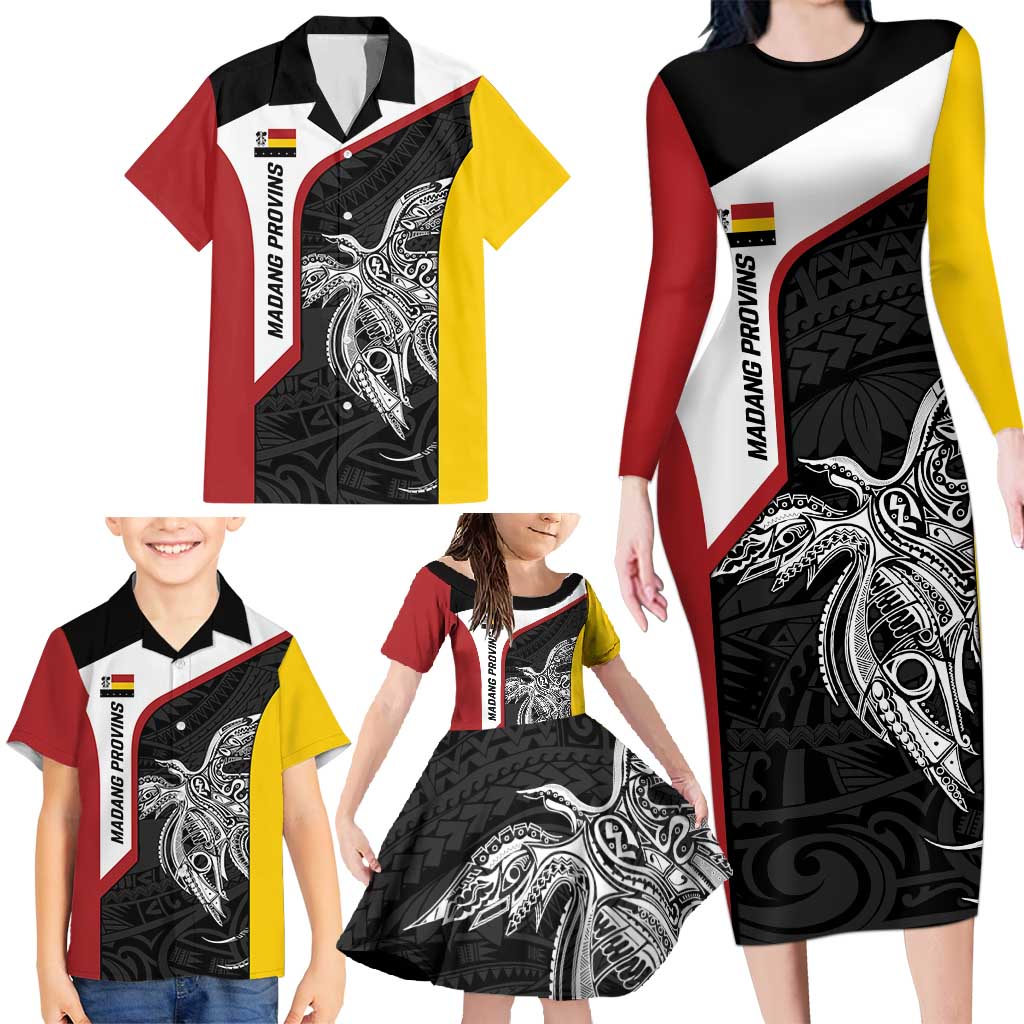 Personalised PNG Madang Province Family Matching Long Sleeve Bodycon Dress and Hawaiian Shirt Bird of Paradise Tattoo Flag Motif LT9 - Polynesian Pride