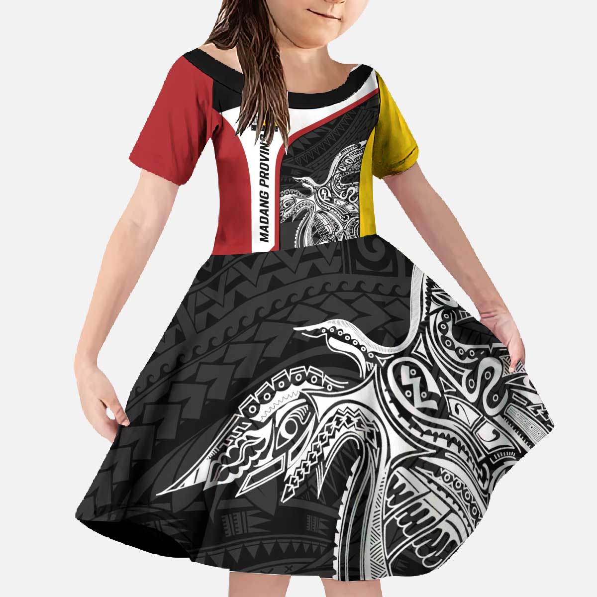 Personalised PNG Madang Province Family Matching Off The Shoulder Long Sleeve Dress and Hawaiian Shirt Bird of Paradise Tattoo Flag Motif LT9 Daughter's Dress Yellow - Polynesian Pride