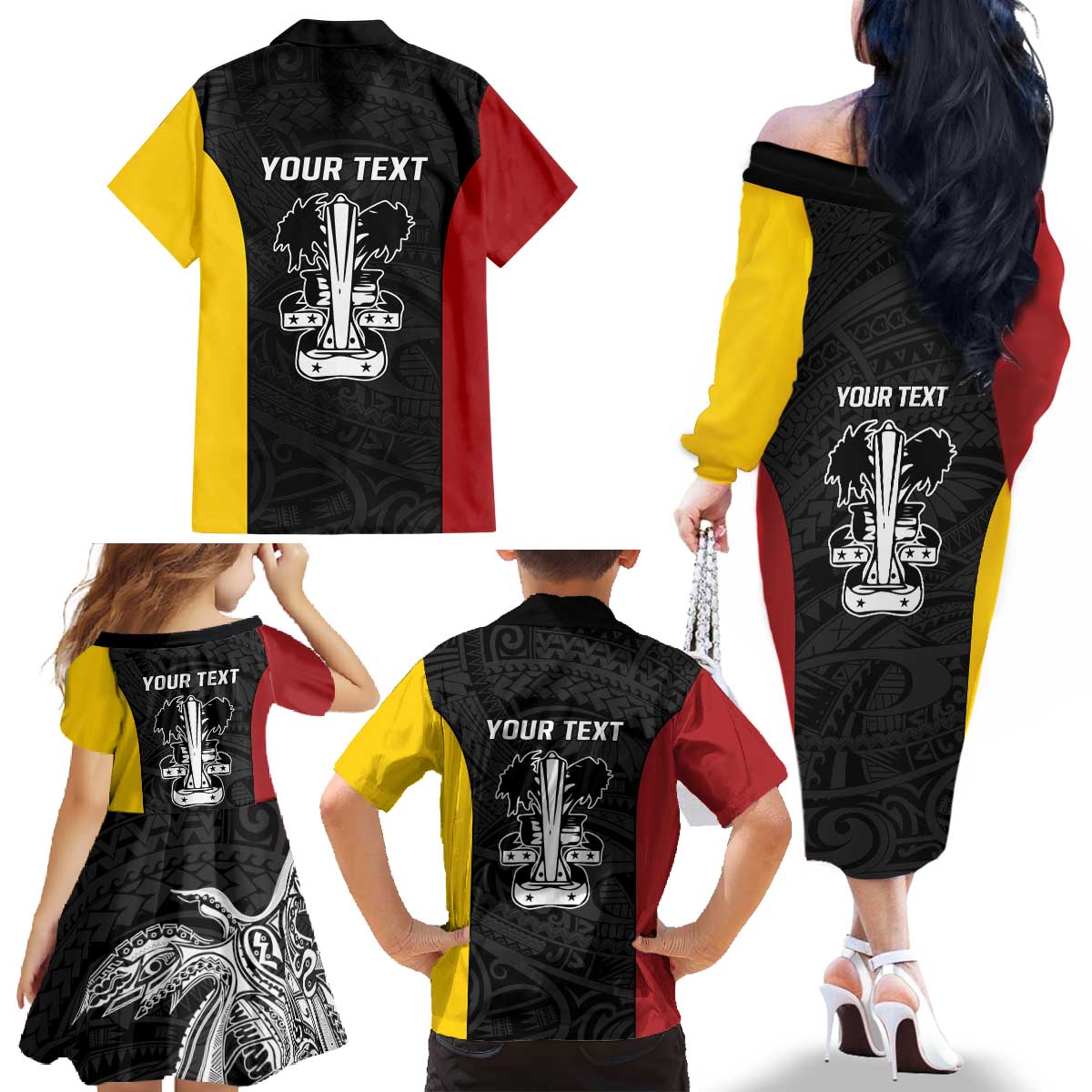 Personalised PNG Madang Province Family Matching Off The Shoulder Long Sleeve Dress and Hawaiian Shirt Bird of Paradise Tattoo Flag Motif LT9 - Polynesian Pride