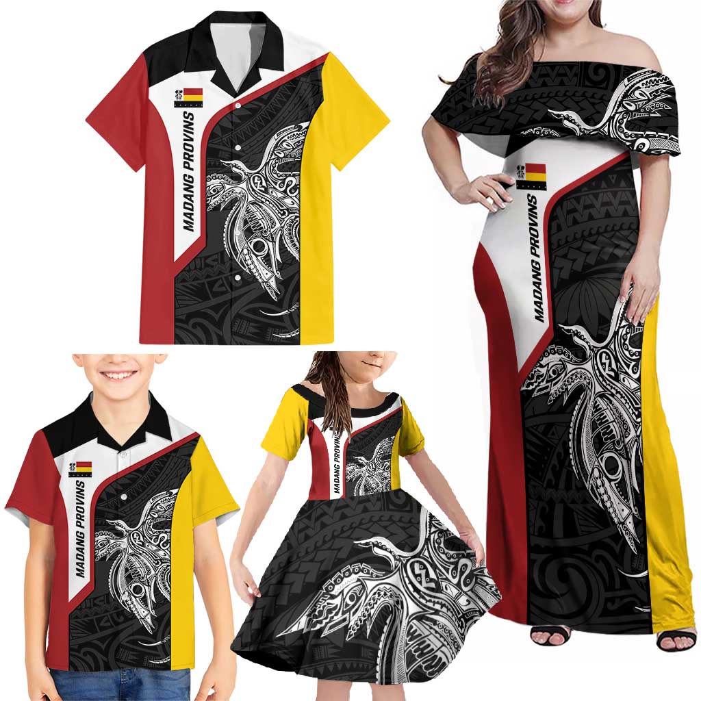 Personalised PNG Madang Province Family Matching Off Shoulder Maxi Dress and Hawaiian Shirt Bird of Paradise Tattoo Flag Motif LT9 - Polynesian Pride