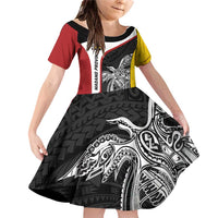 Personalised PNG Madang Province Family Matching Off Shoulder Short Dress and Hawaiian Shirt Bird of Paradise Tattoo Flag Motif LT9 Daughter's Dress Yellow - Polynesian Pride